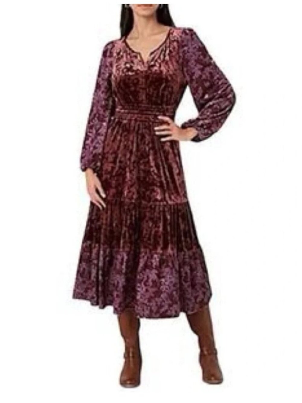 Frye & Co Plum Purple Velvet Floral Long Sleeve Midi Dress Sz S